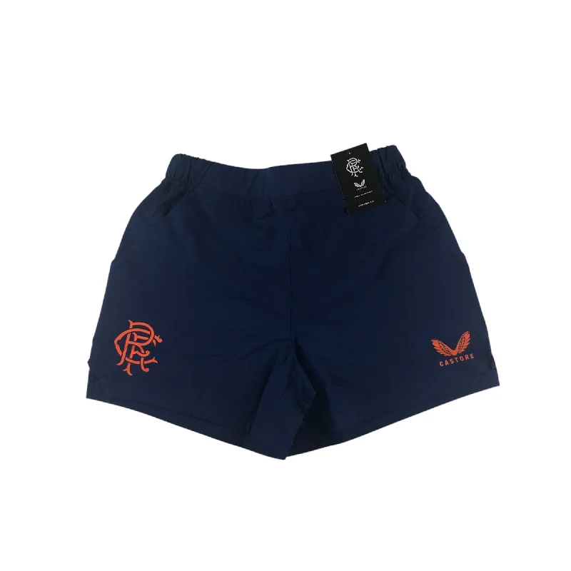 Castore Rangers FC coaches travel shorts women size UK 12 navy blue with orange logos